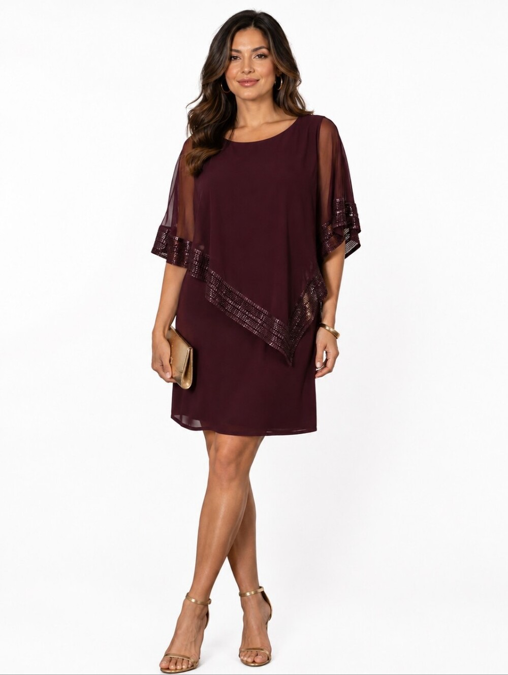 SLNY Burgundy Beaded Chiffon Overlay Cocktail Dress Elegant Evening Party Dress